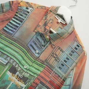 Nicole Taylor Silk Beaded City Art to Wear Blouse Vesuvio Bakery Print M 90s VTG